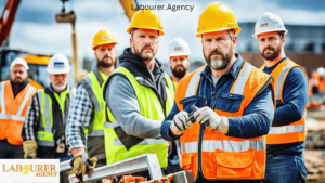 Construction workers on a job site wearing safety gear