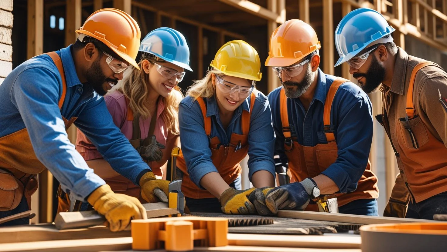 A team of skilled tradesmen planning their work on a construction site