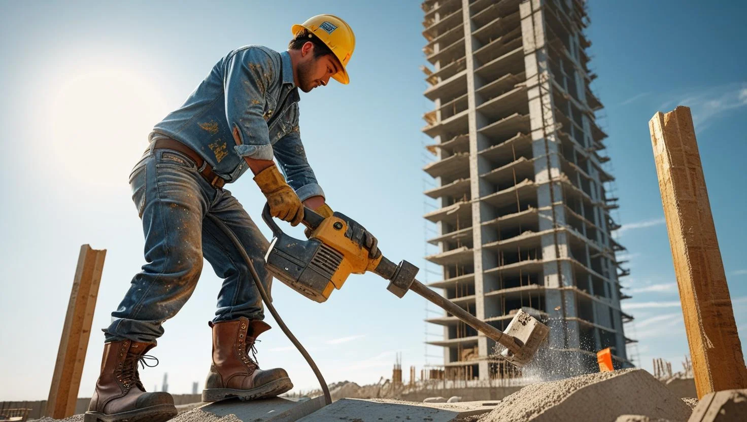 A skilled construction labourer operating machinery on a building site.