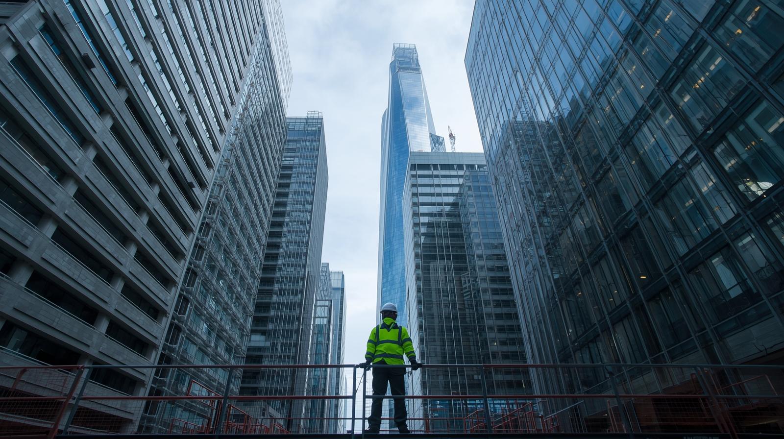 A team of groundworkers on a construction site in Canary Wharf, with skyscrapers in the background.