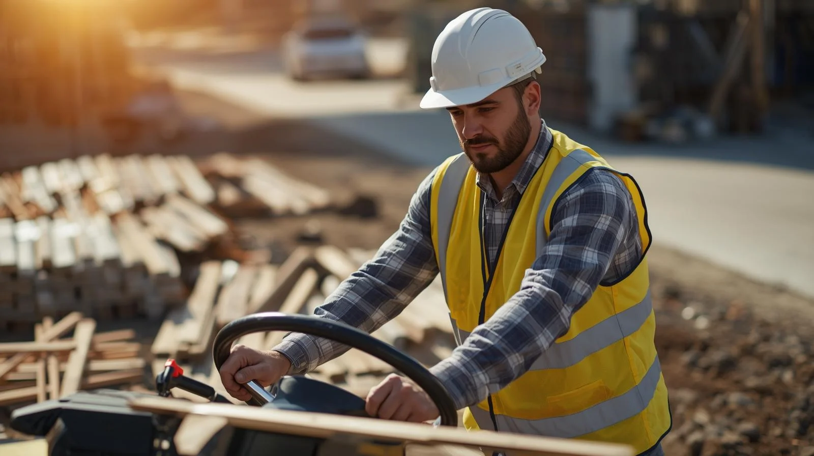 A skilled ground worker operating machinery on a busy construction site in London.