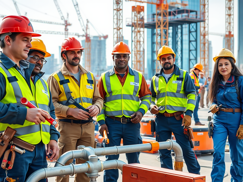 skilled plumbers working on a large construction site, highlighting teamwork and professionalism.