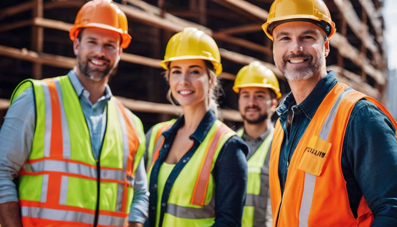 A diverse group of construction workers on a bustling construction site.