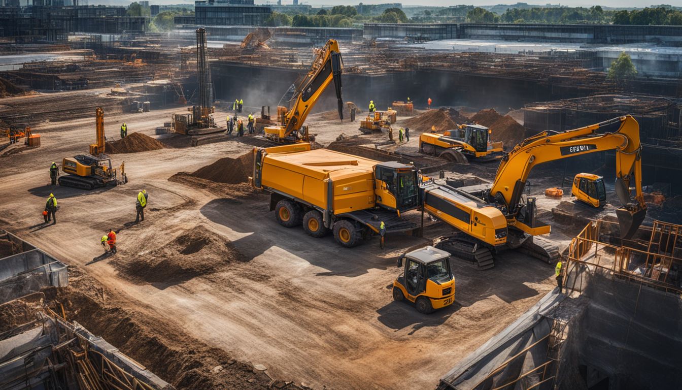 A construction site with workers and machinery in action.
