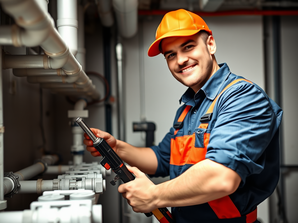 Professional plumber in work uniform with tools