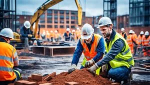 Construction workers on a large-scale project in London