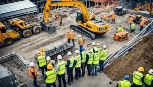 Construction workers collaborating on a UK building site