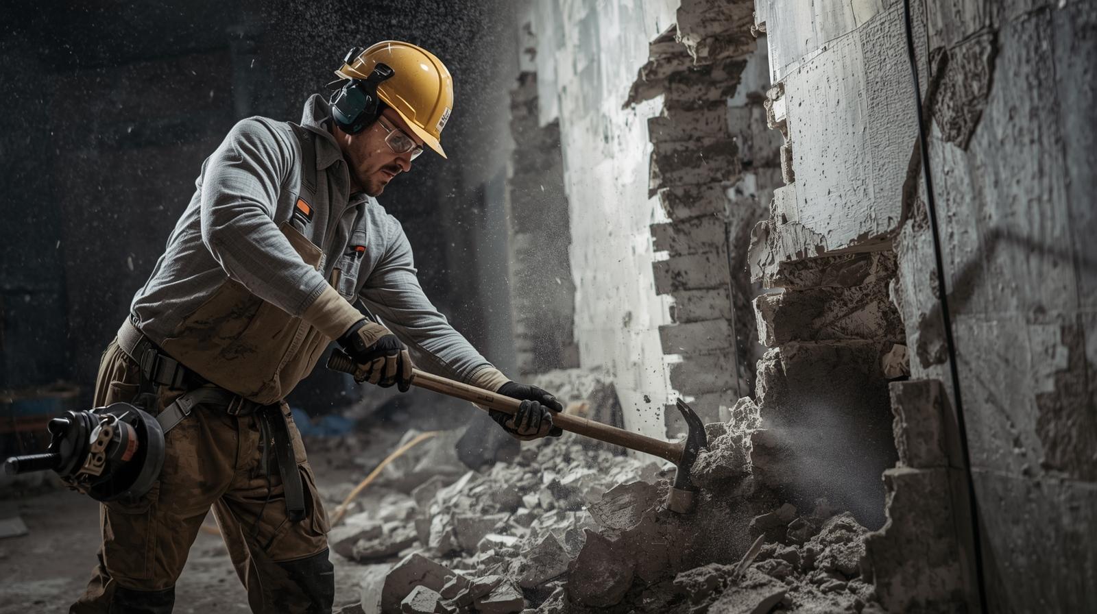 A demolition labourer in full safety gear, taking a brief moment to observe the progress on a large, active demolition site.