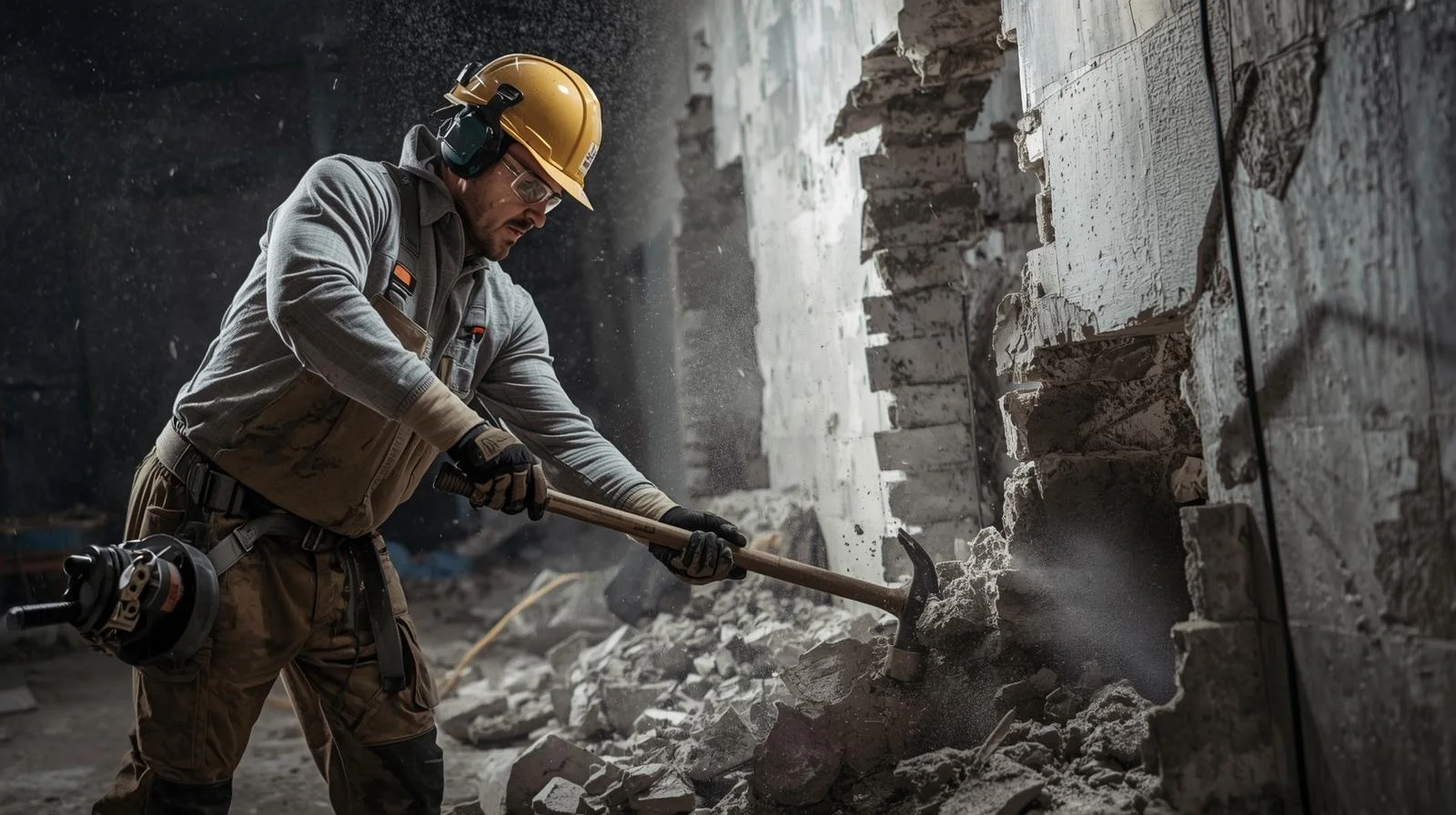 A demolition labourer in full safety gear, taking a brief moment to observe the progress on a large, active demolition site.