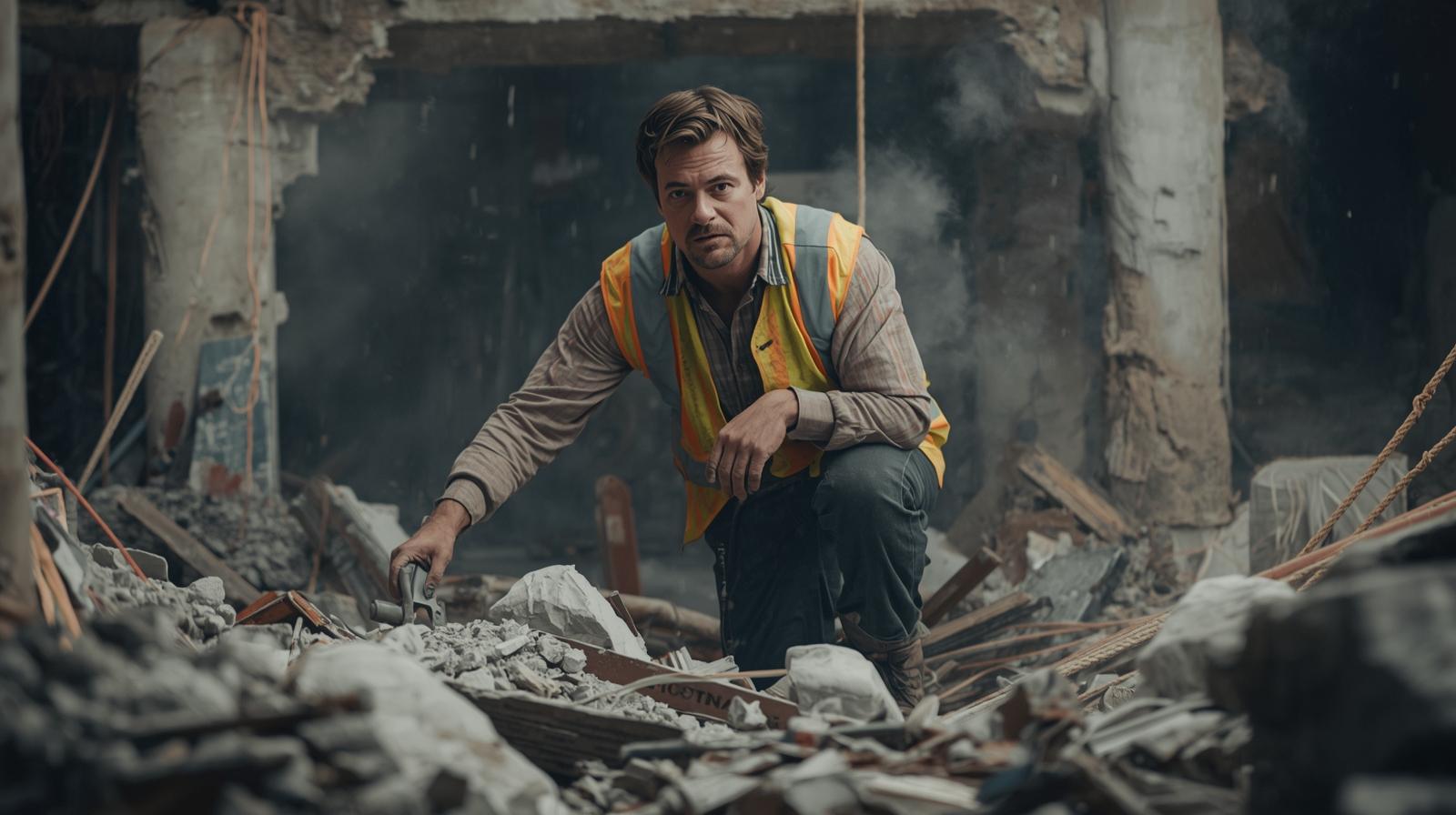 A demolition labourer operating machinery to clear rubble on a Manchester construction site, highlighting efficient site management and progress.