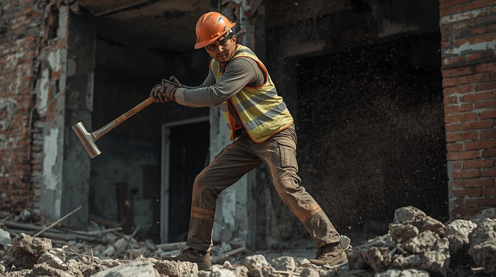 A team of demolition labourers safely working on a large construction site in Manchester, wearing full PPE and diligently removing debris.