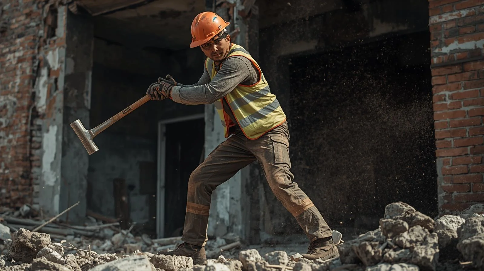 A team of demolition labourers safely working on a large construction site in Manchester, wearing full PPE and diligently removing debris.