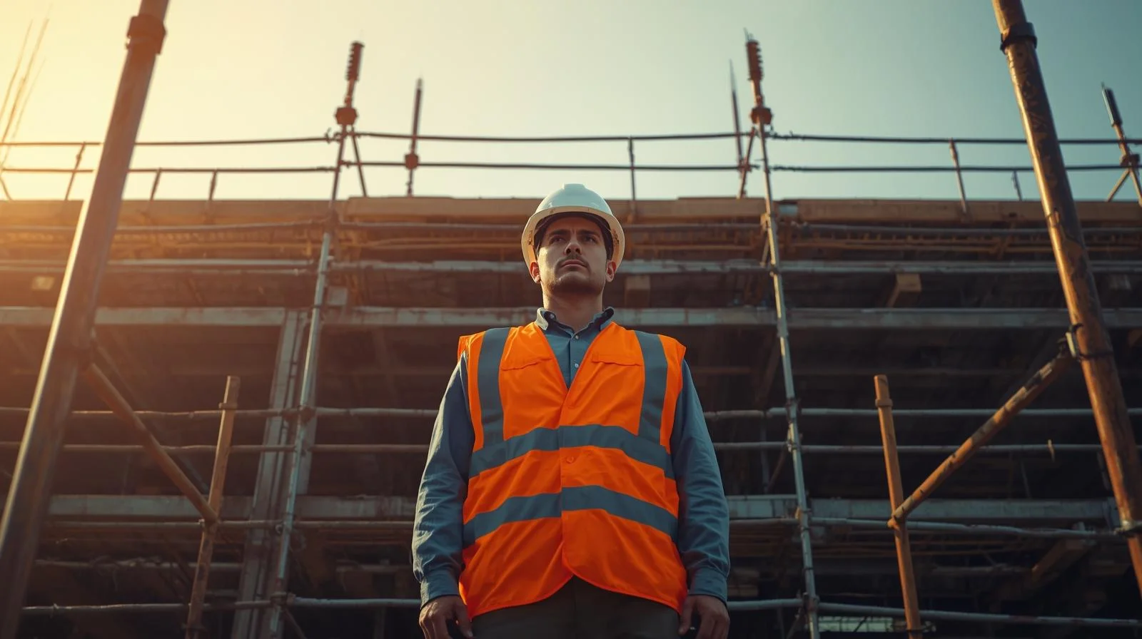 A scaffold labourer working carefully on a section of scaffolding, highlighting attention to detail and safe practices on a busy construction site.