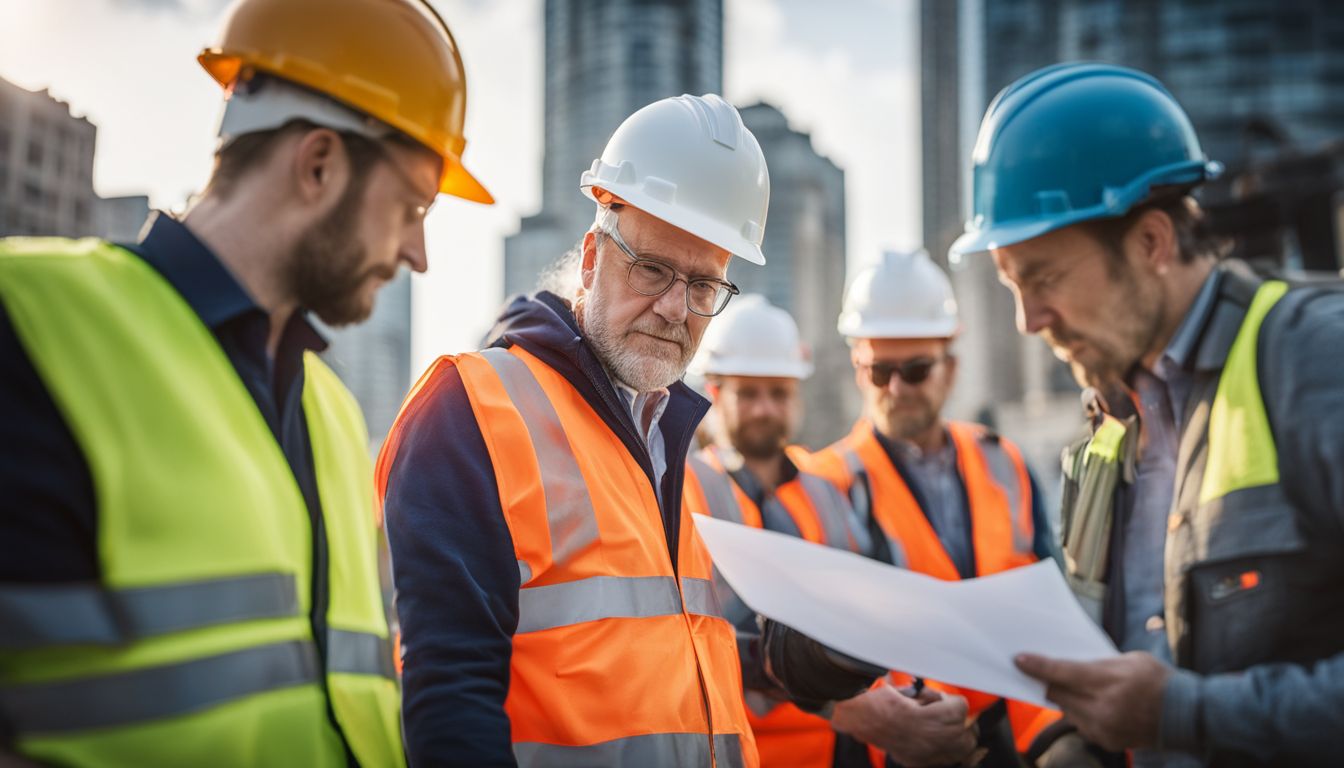 A team of construction workers in hard hats and safety vests working at a building site.