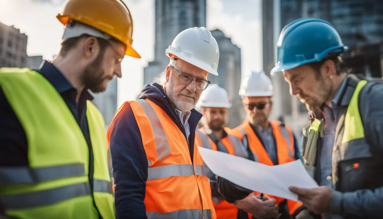 A team of construction workers in hard hats and safety vests working at a building site. A team of construction workers in hard hats and safety vests working at a building site.