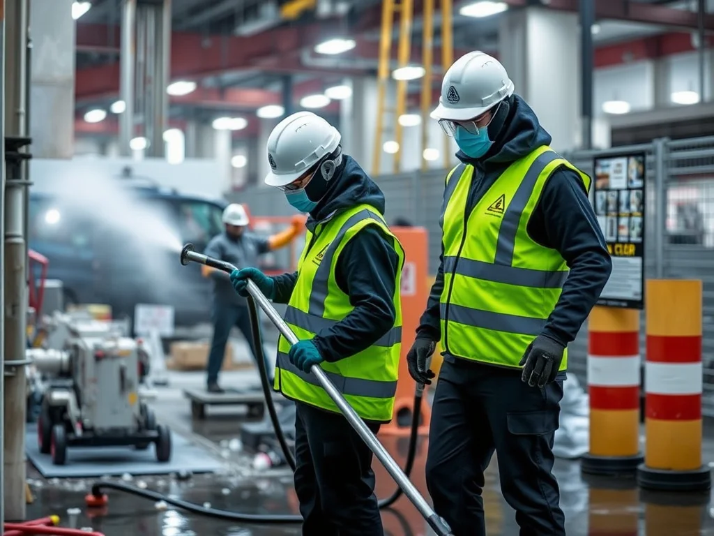 Site cleaners in high visibility gear cleaning a construction site in Swansea